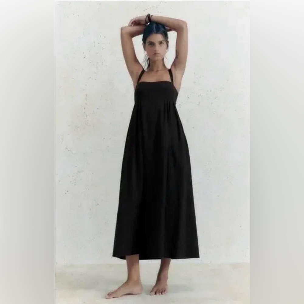 Zara Black Cotton Empire Waist Maxi Dress with Straps sz M